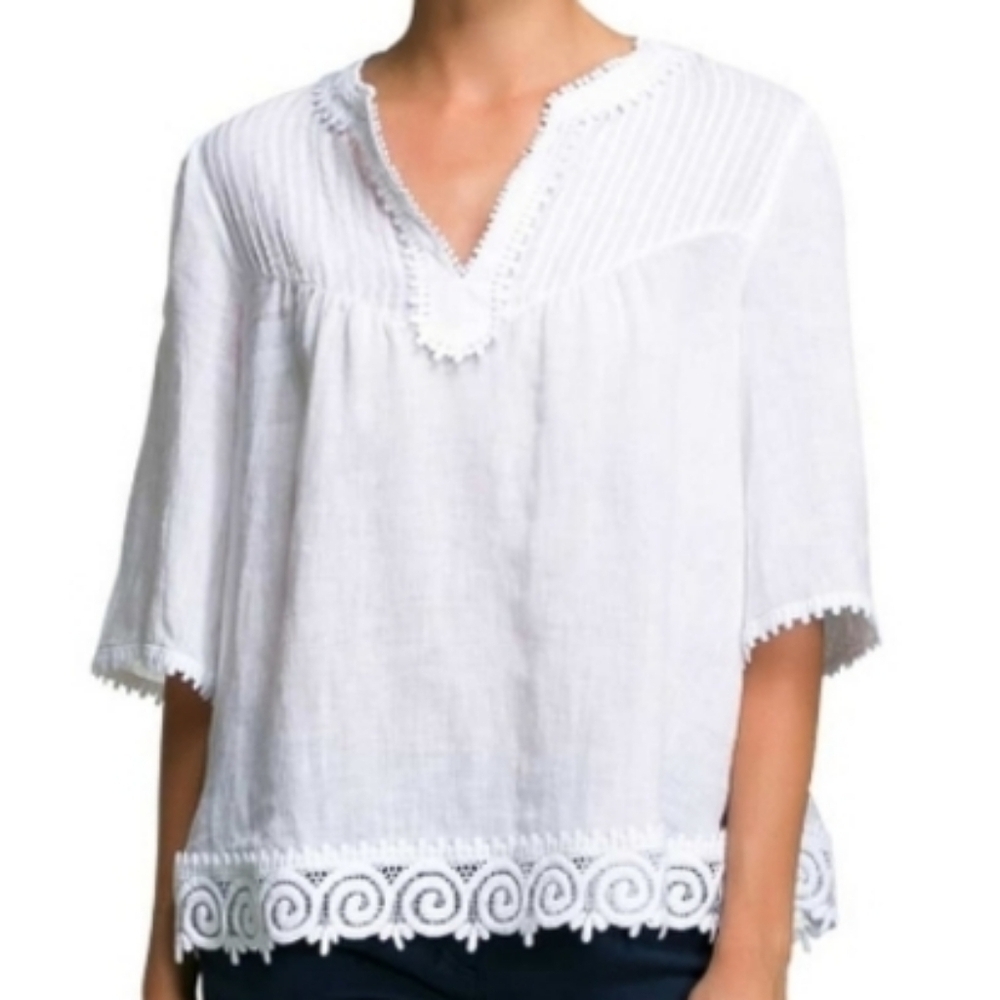 Extra Small Italy 0039 100% Linen V-neck Tunic Lace Embellishments